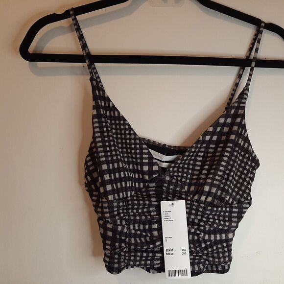 NWT S Urban Outfitters B&W Gingham Plaid Cami Crop Top w/ Ruching Small Sm black - Picture 1 of 9